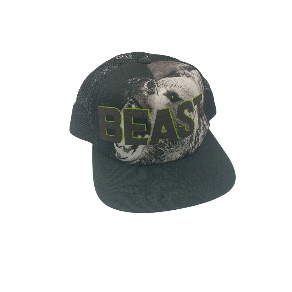 Black Beast Grizzly Bear Graphic Mesh Trucker Snapback Hat Adjustable Flat Brim